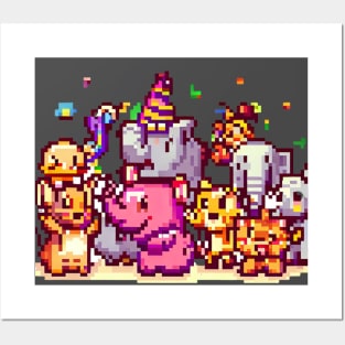 A group of animals having a party or celebrating a holiday, pixel art Posters and Art